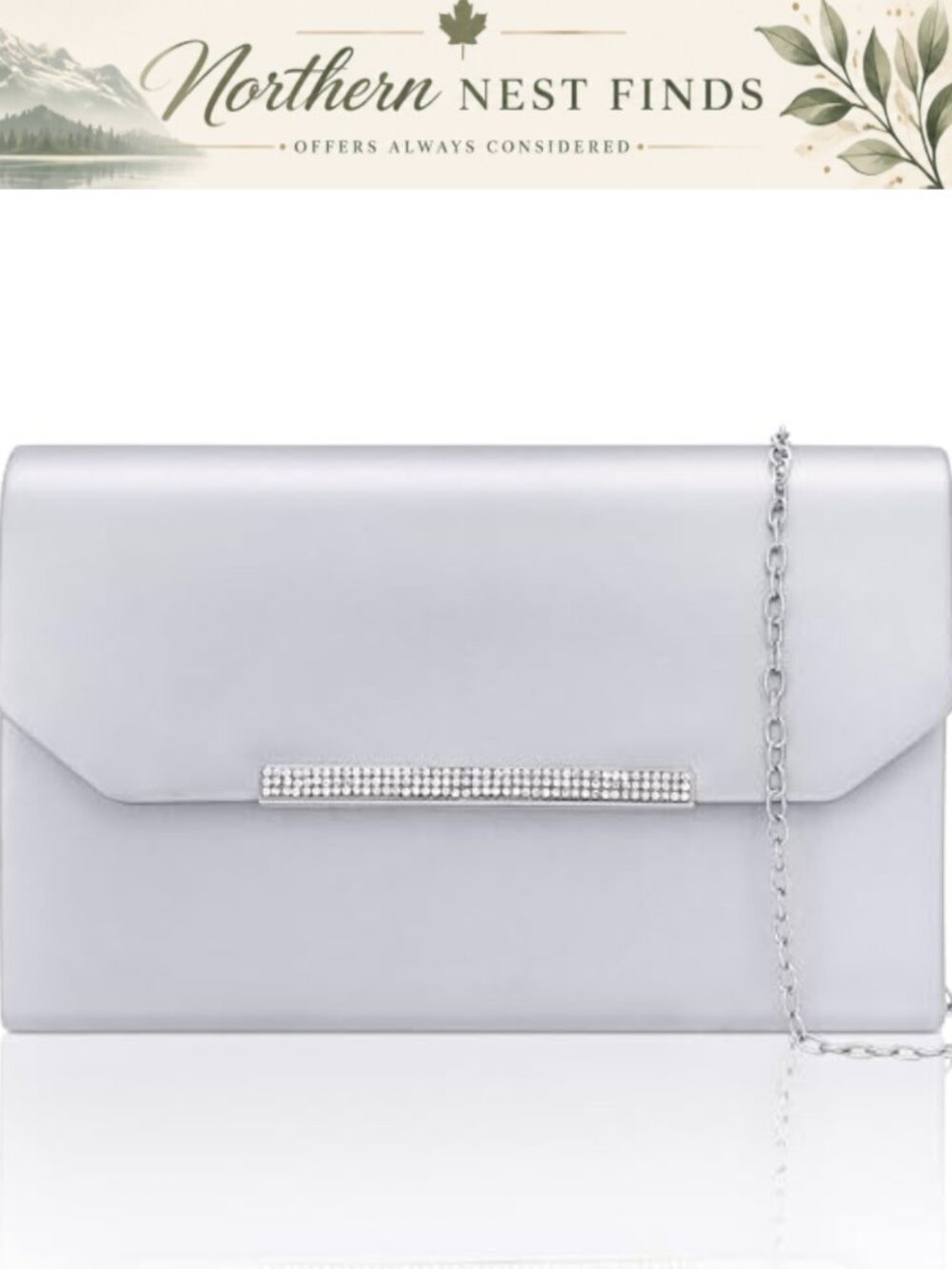 Metallic Faux Leather Clutch Evening Bag with Crystal Accent & Chain Strap